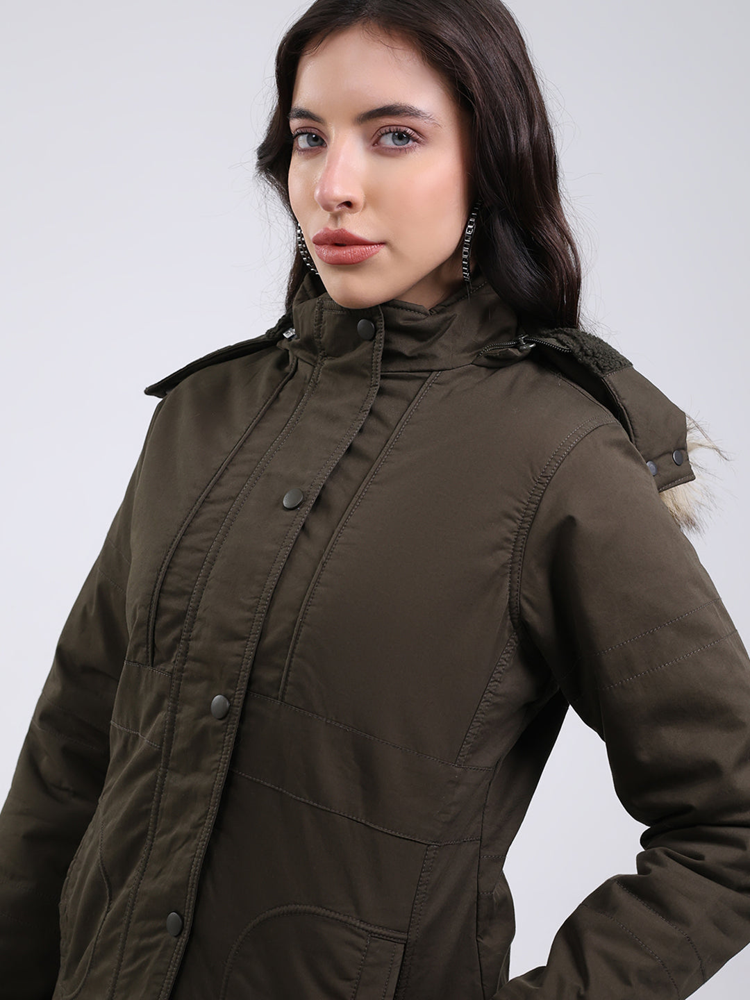 Women Olive Solid Hooded Full Sleeve Jacket