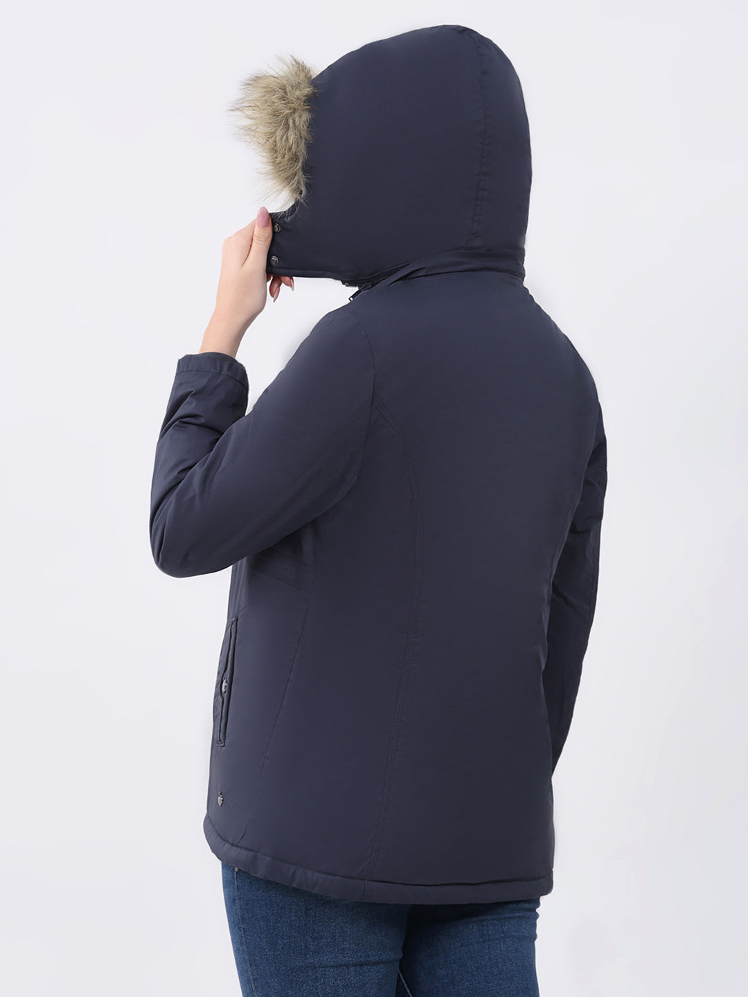 Women Navy Blue Solid Hooded Full Sleeve Jacket