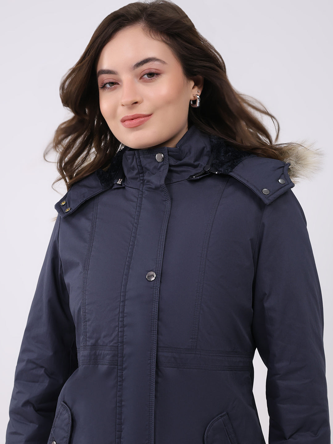 Women Navy Blue Solid Hooded Full Sleeve Jacket