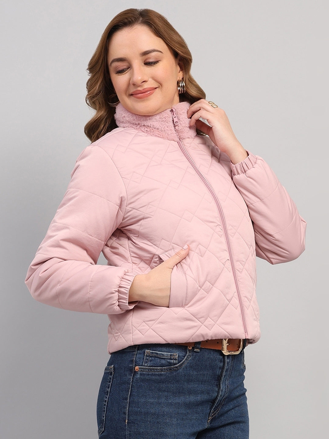 Women Pink Solid Collar Full Sleeve Reversible Jacket