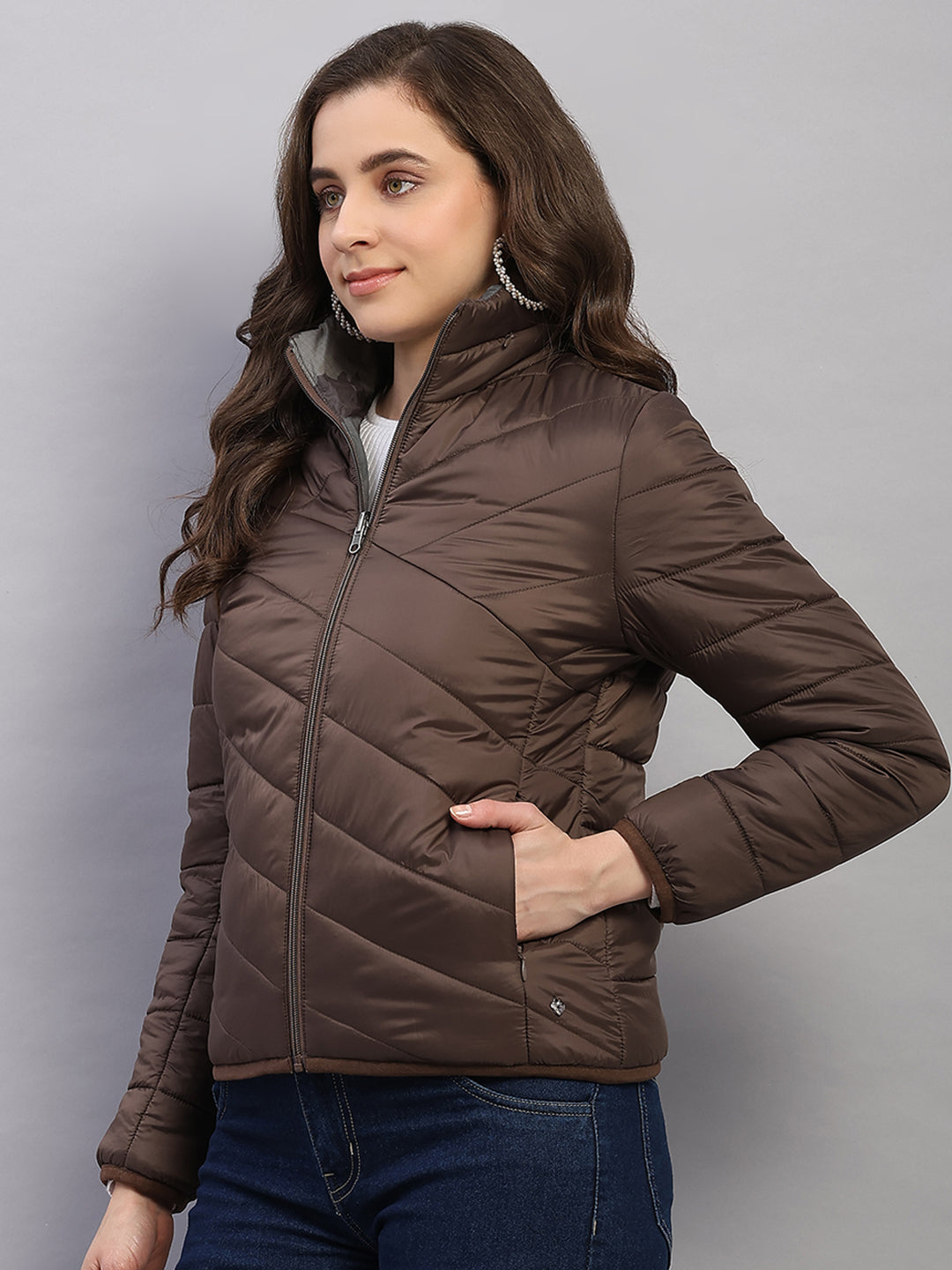 Women Brown Solid Collar Full Sleeve Reversible Jacket