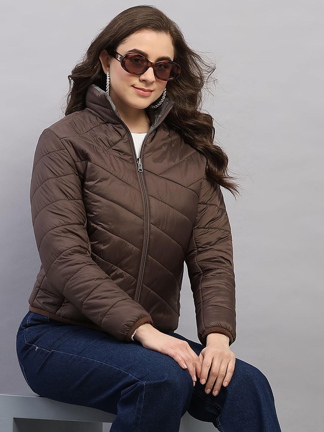 Women Brown Solid Collar Full Sleeve Reversible Jacket