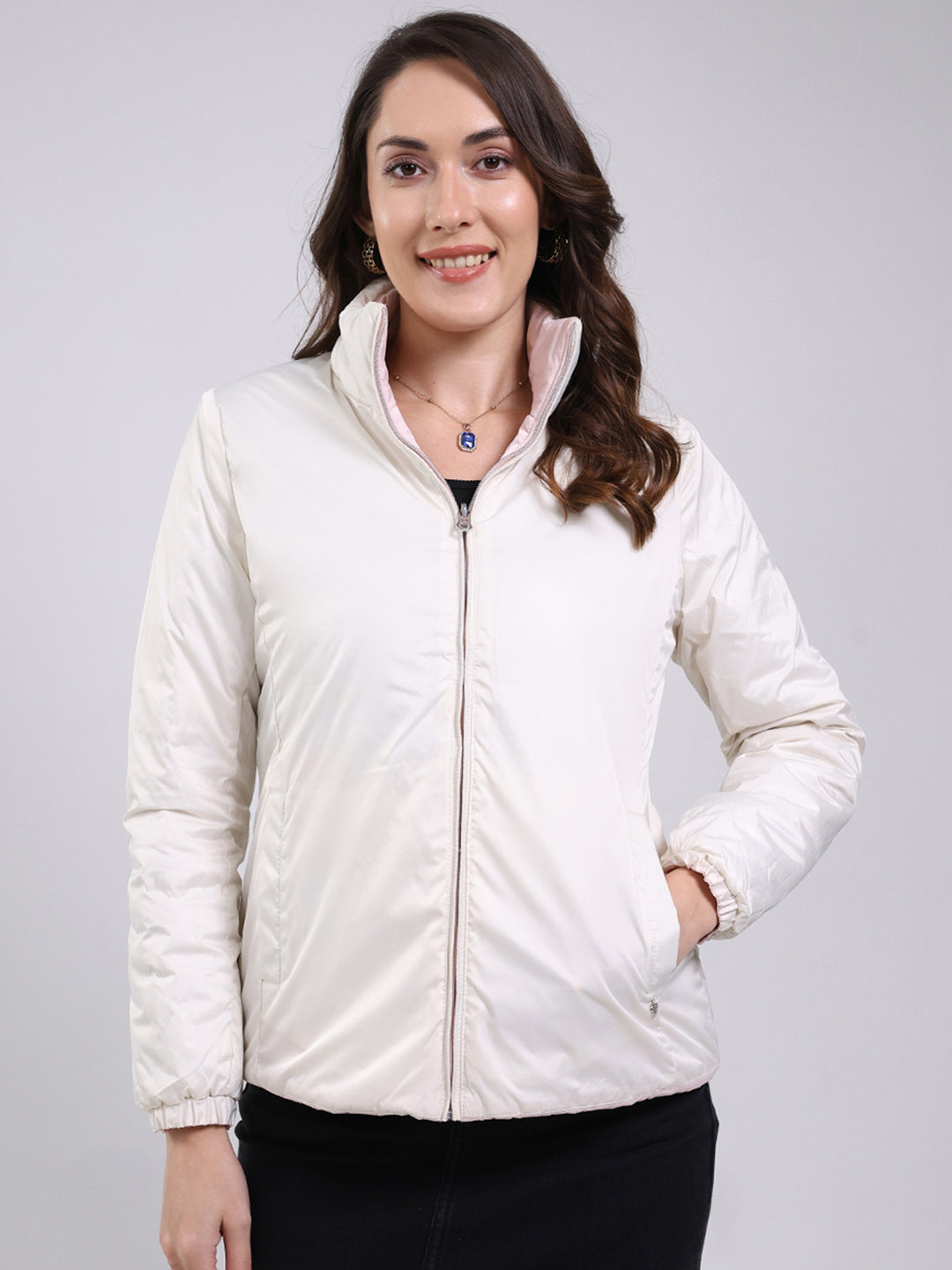 Women Pink Solid Mock Neck Full Sleeve Jacket