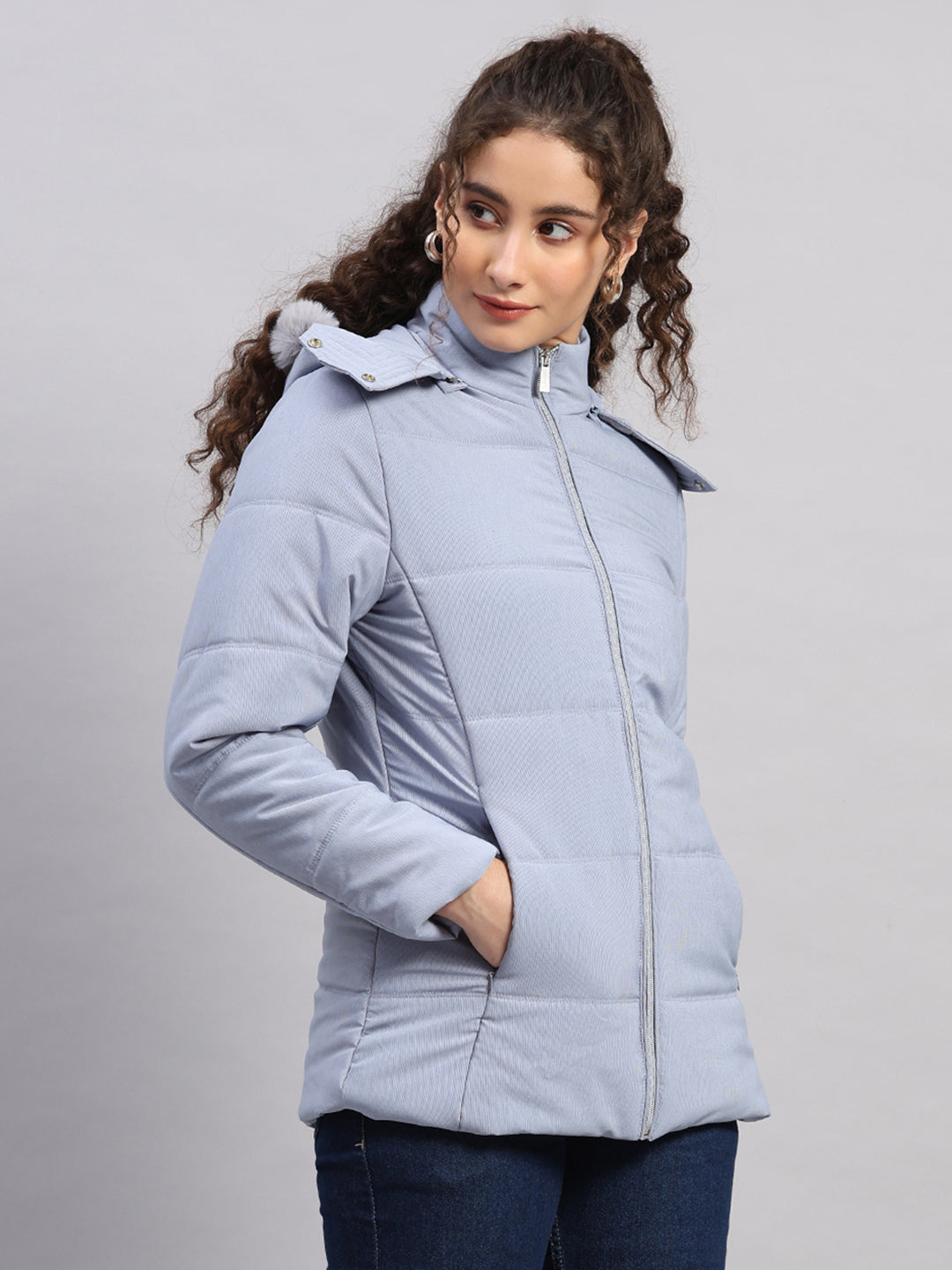 Women Navy Blue Stripe Hooded Full Sleeve Jacket