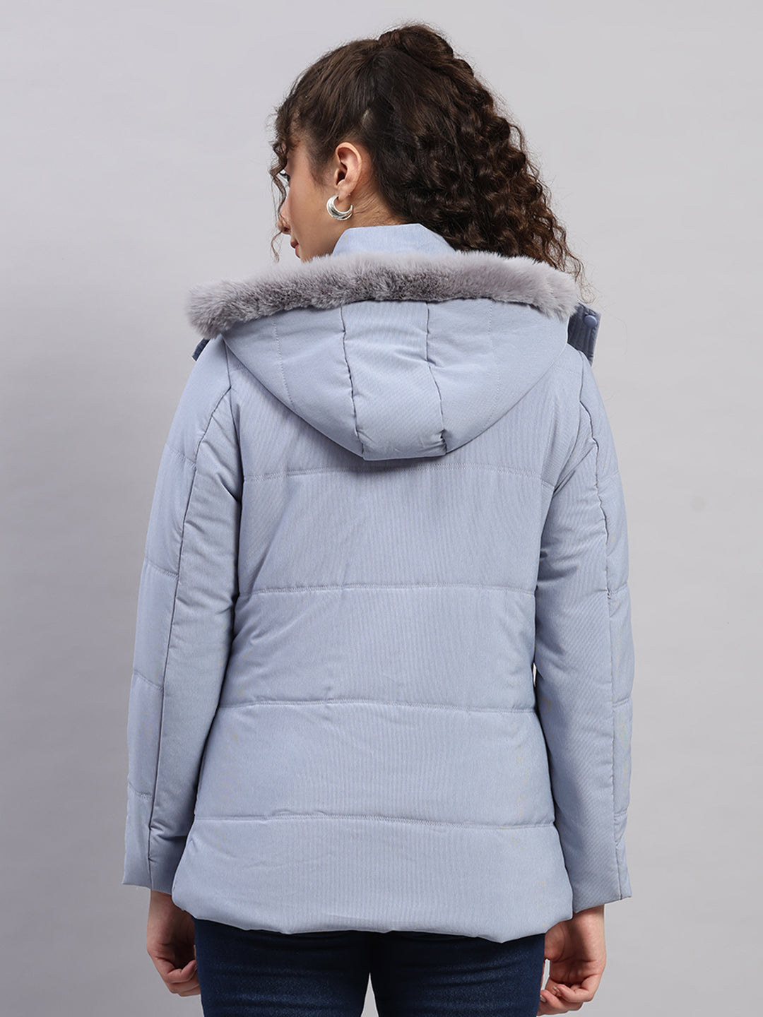 Women Navy Blue Stripe Hooded Full Sleeve Jacket