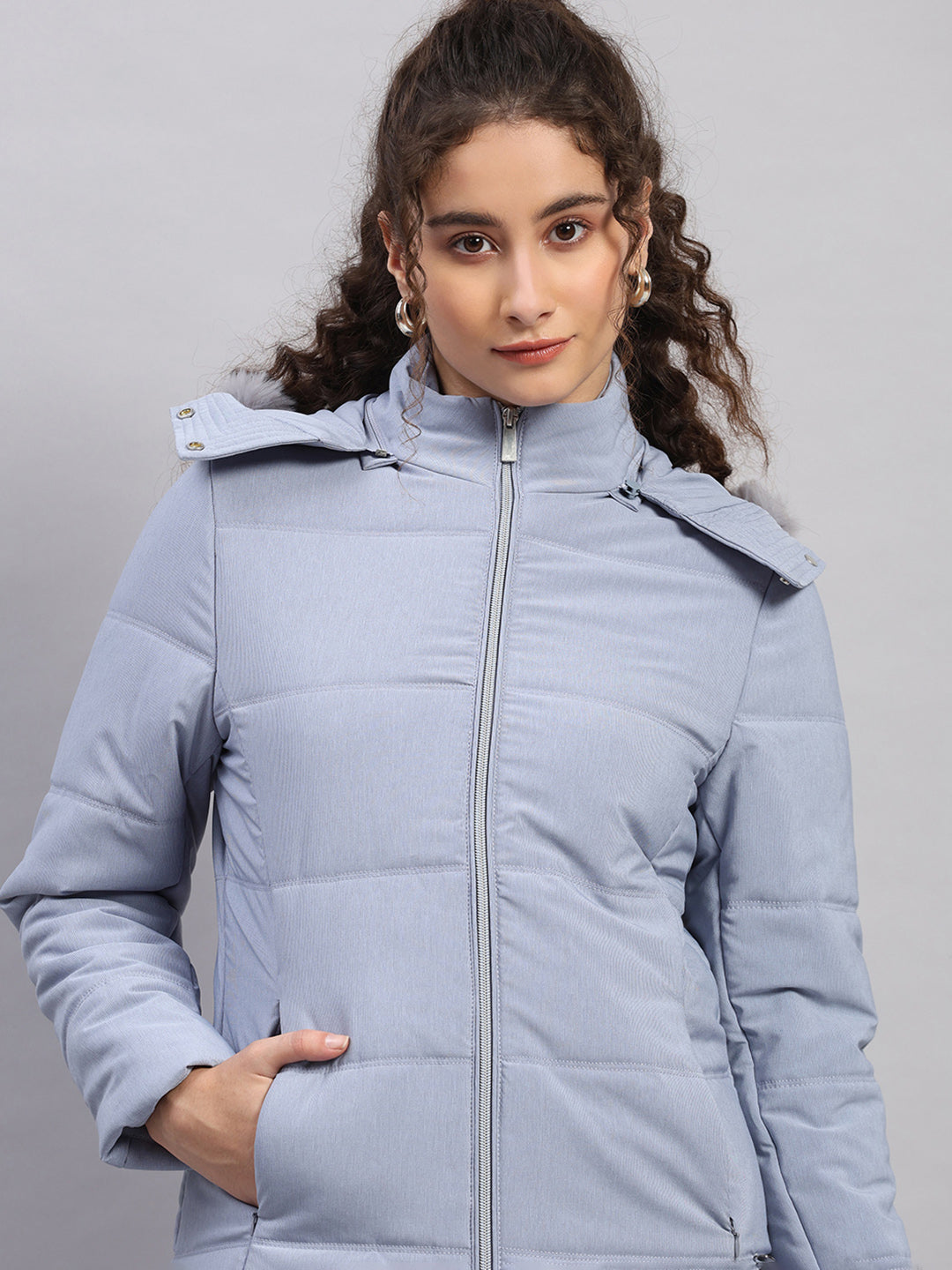 Women Navy Blue Stripe Hooded Full Sleeve Jacket