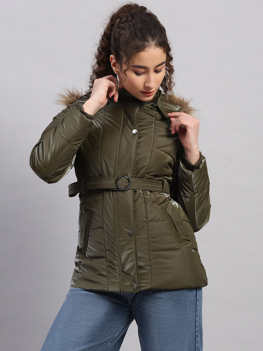 Women Olive Self Design Hooded Full Sleeve Jacket