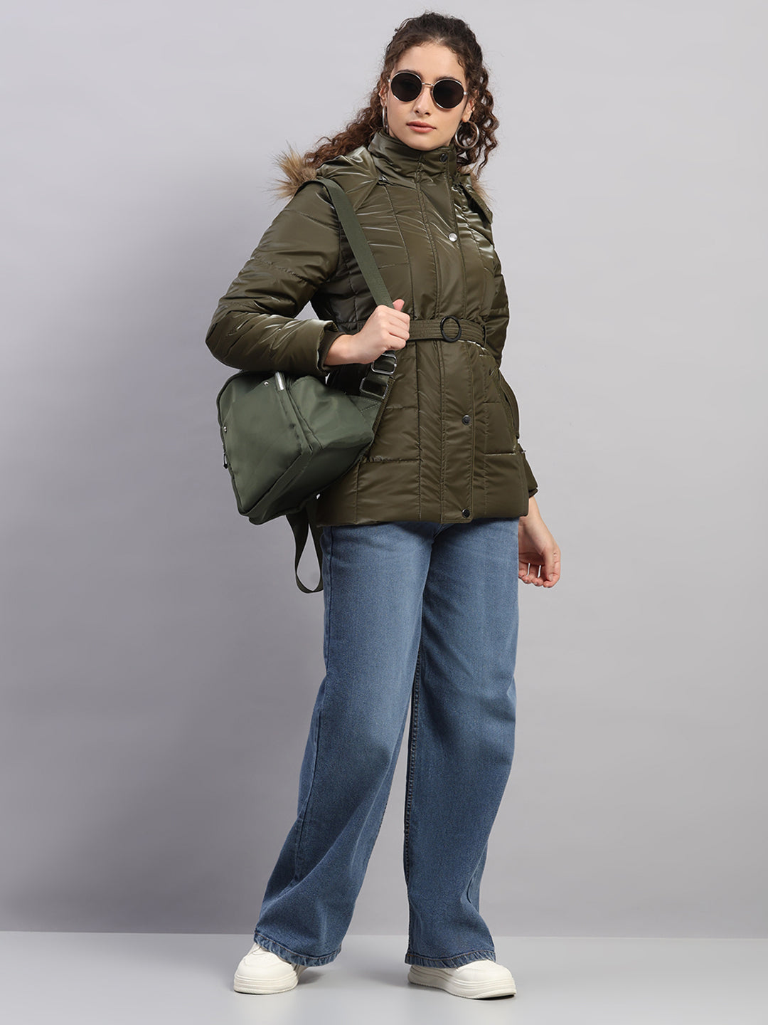 Women Olive Self Design Hooded Full Sleeve Jacket