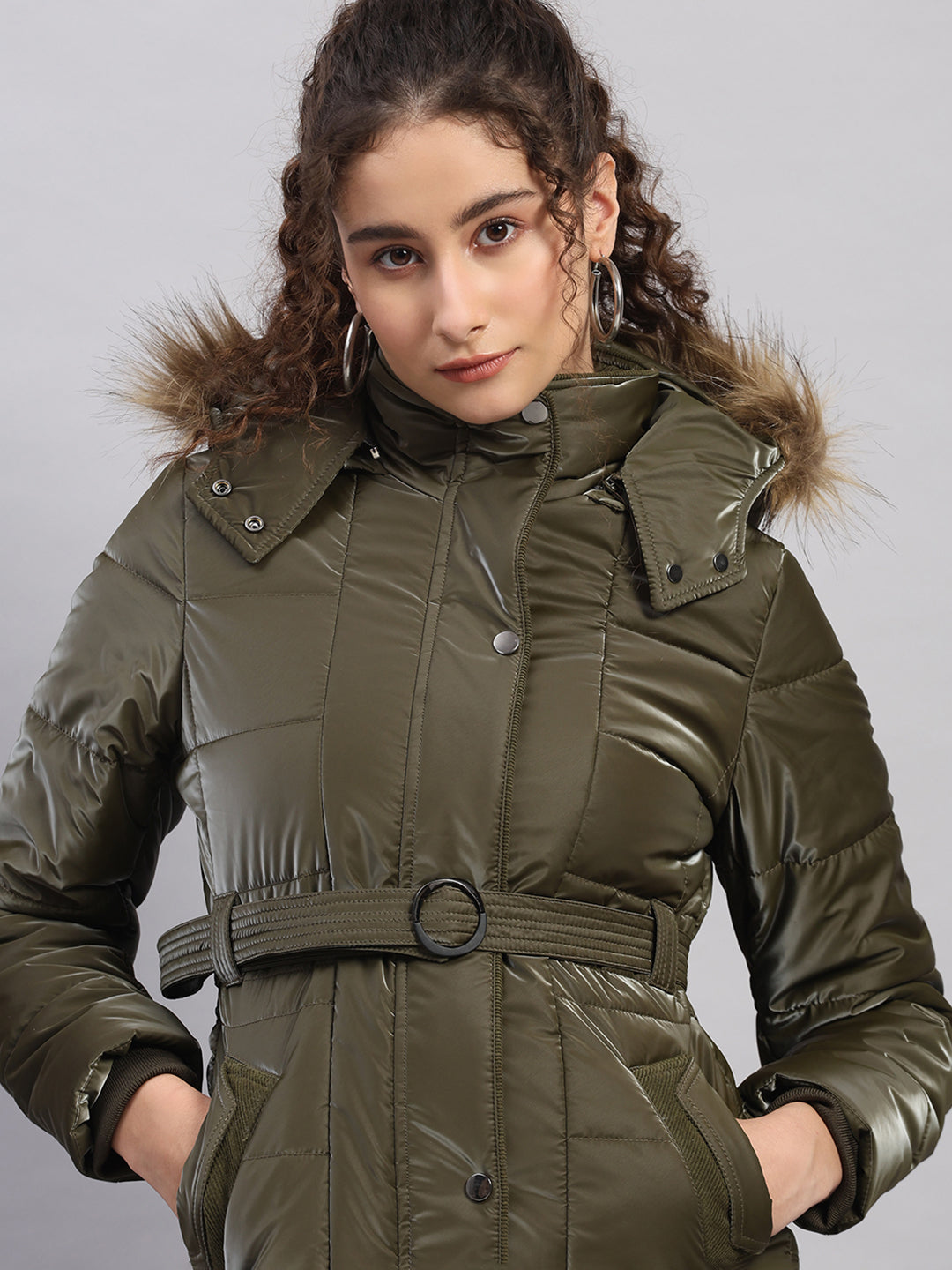 Women Olive Self Design Hooded Full Sleeve Jacket