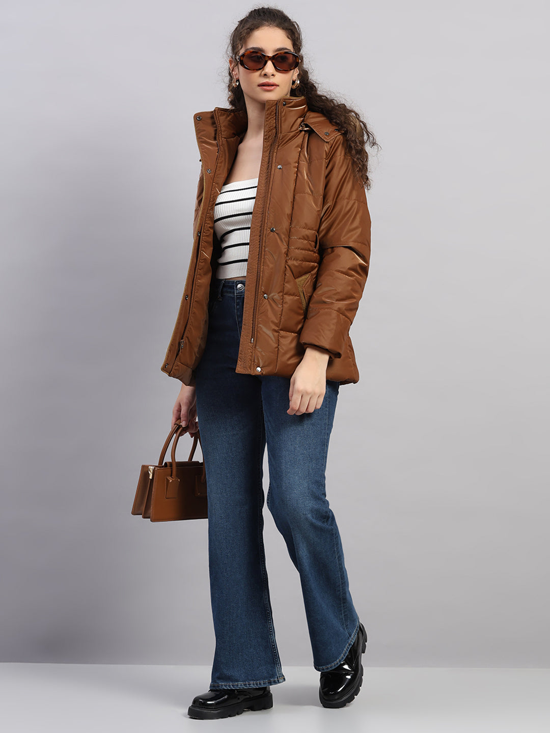 Women Tan Self Design Hooded Full Sleeve Jacket