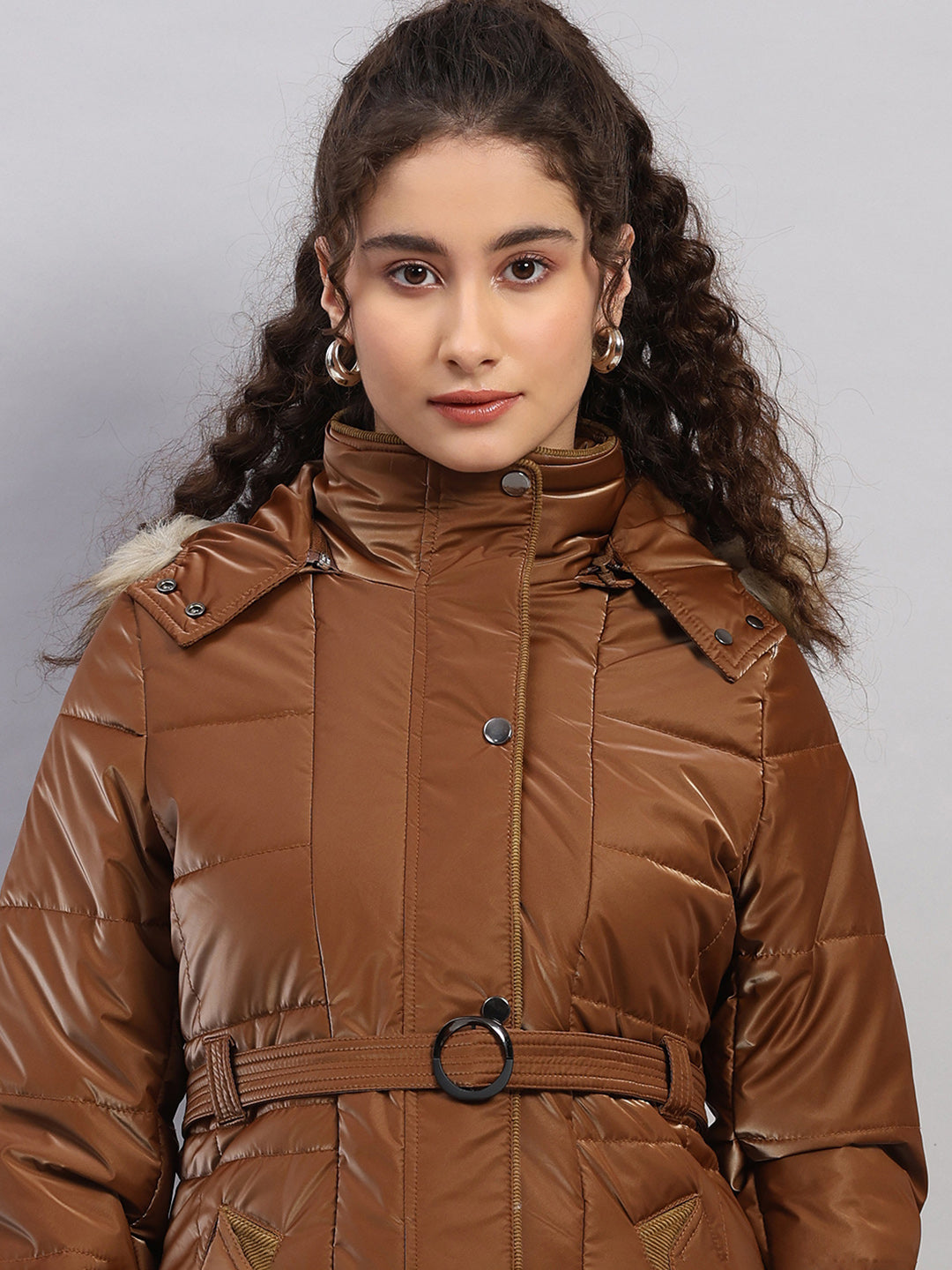 Women Tan Self Design Hooded Full Sleeve Jacket