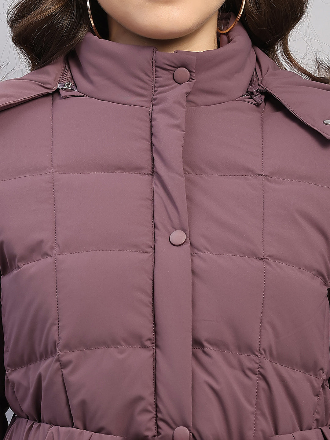 Women Mauve Solid Hooded Full Sleeve Jacket