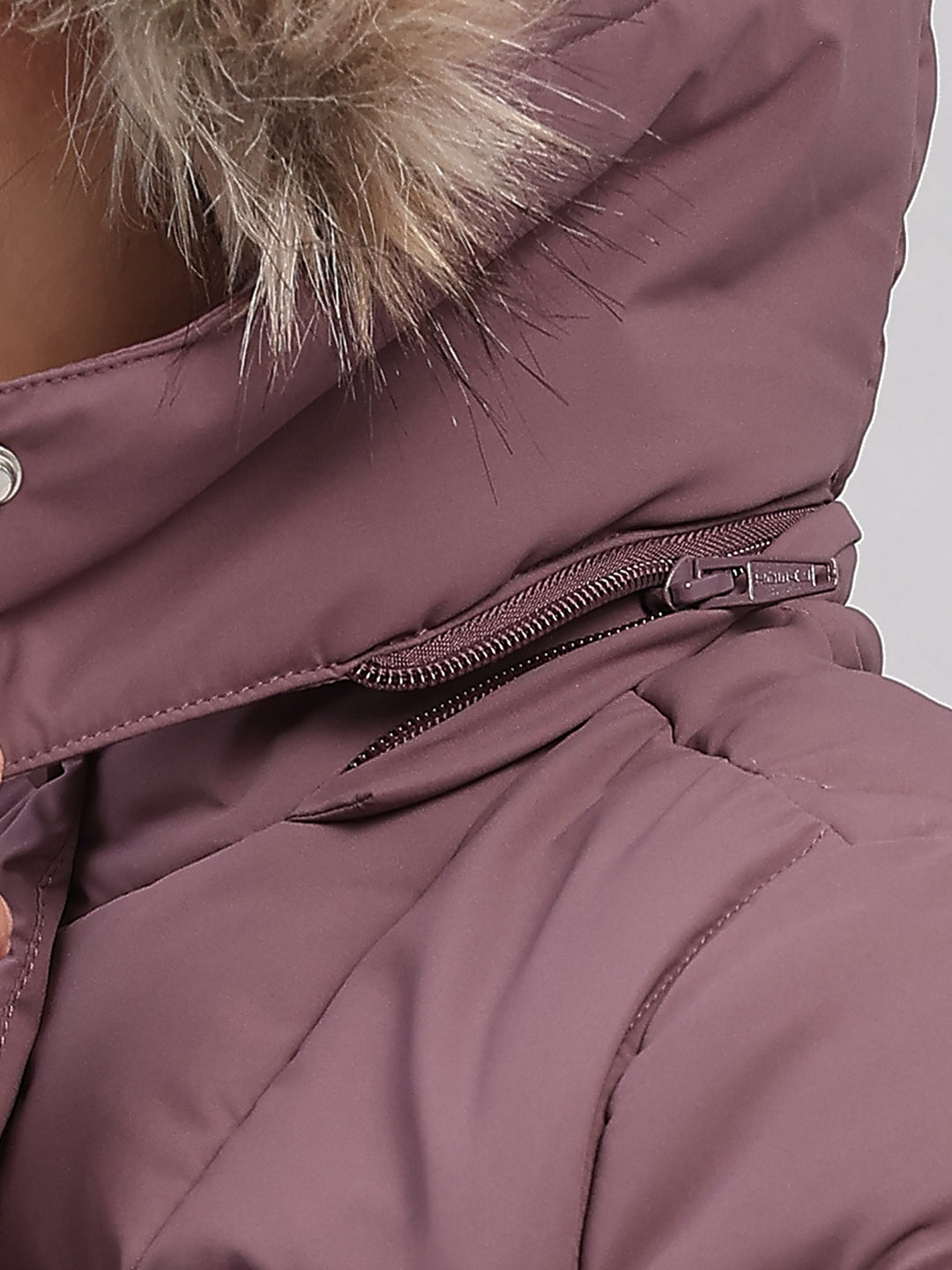 Women Mauve Solid Hooded Full Sleeve Jacket