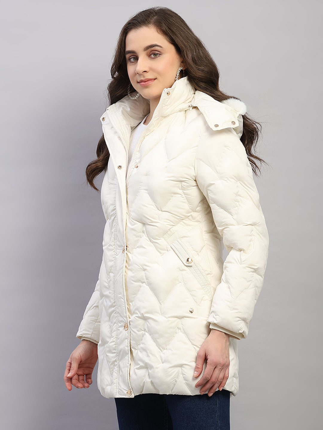 Women Off White Solid Hooded Full Sleeve Jacket