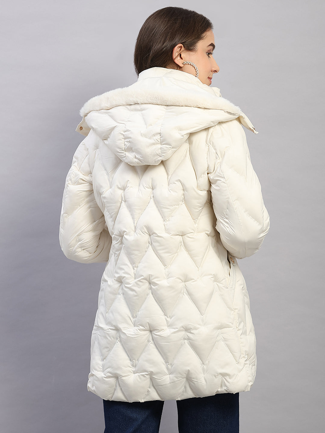 Women Off White Solid Hooded Full Sleeve Jacket