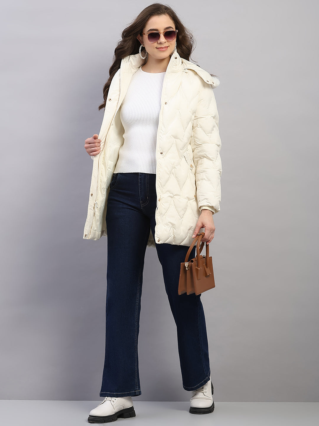 Women Off White Solid Hooded Full Sleeve Jacket