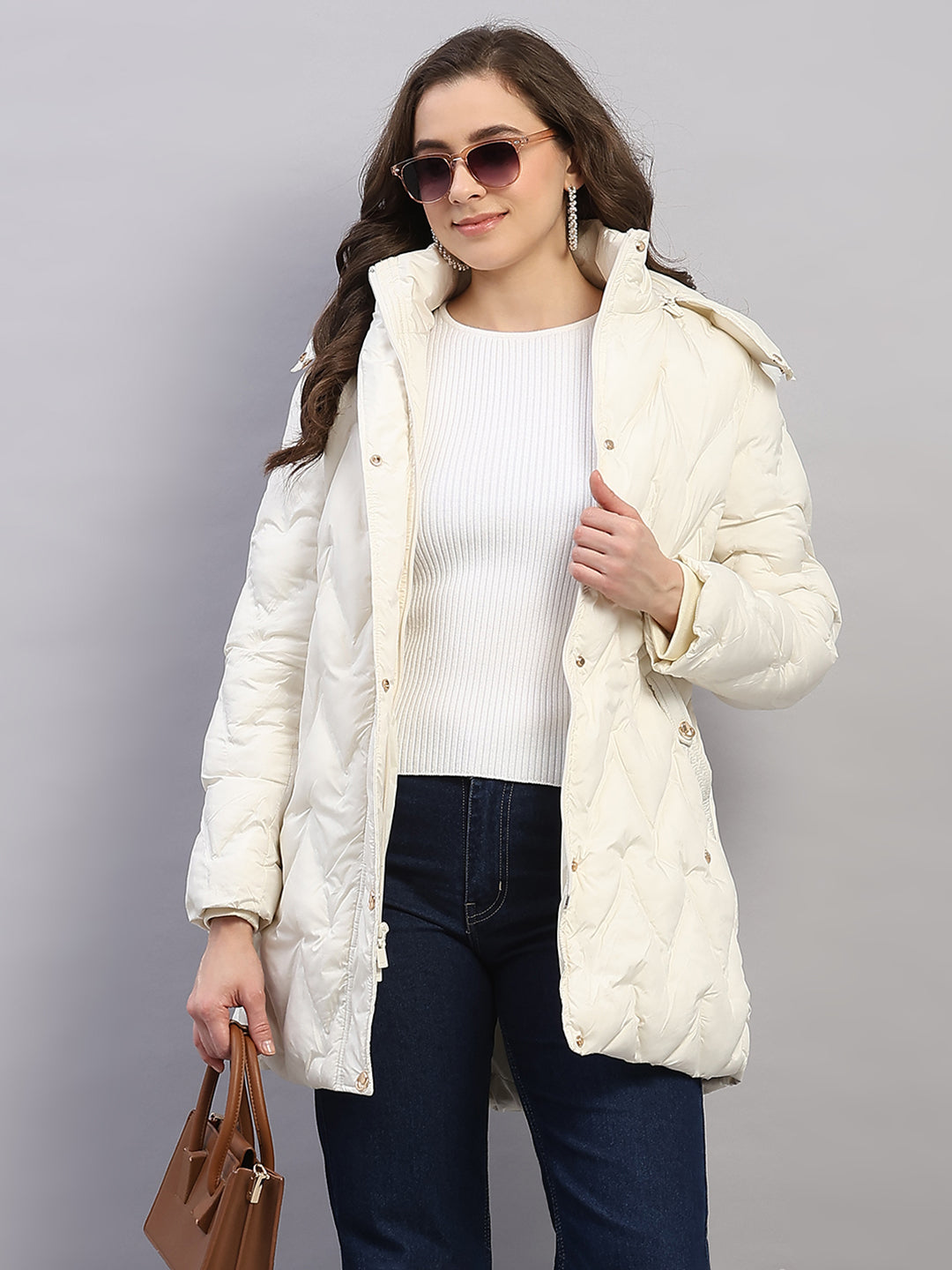 Women Off White Solid Hooded Full Sleeve Jacket