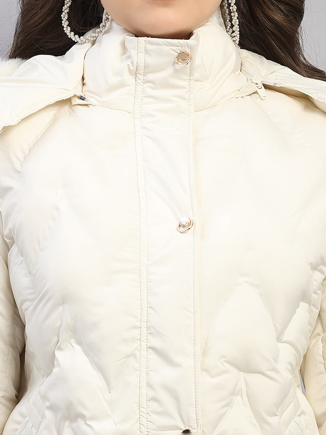 Women Off White Solid Hooded Full Sleeve Jacket