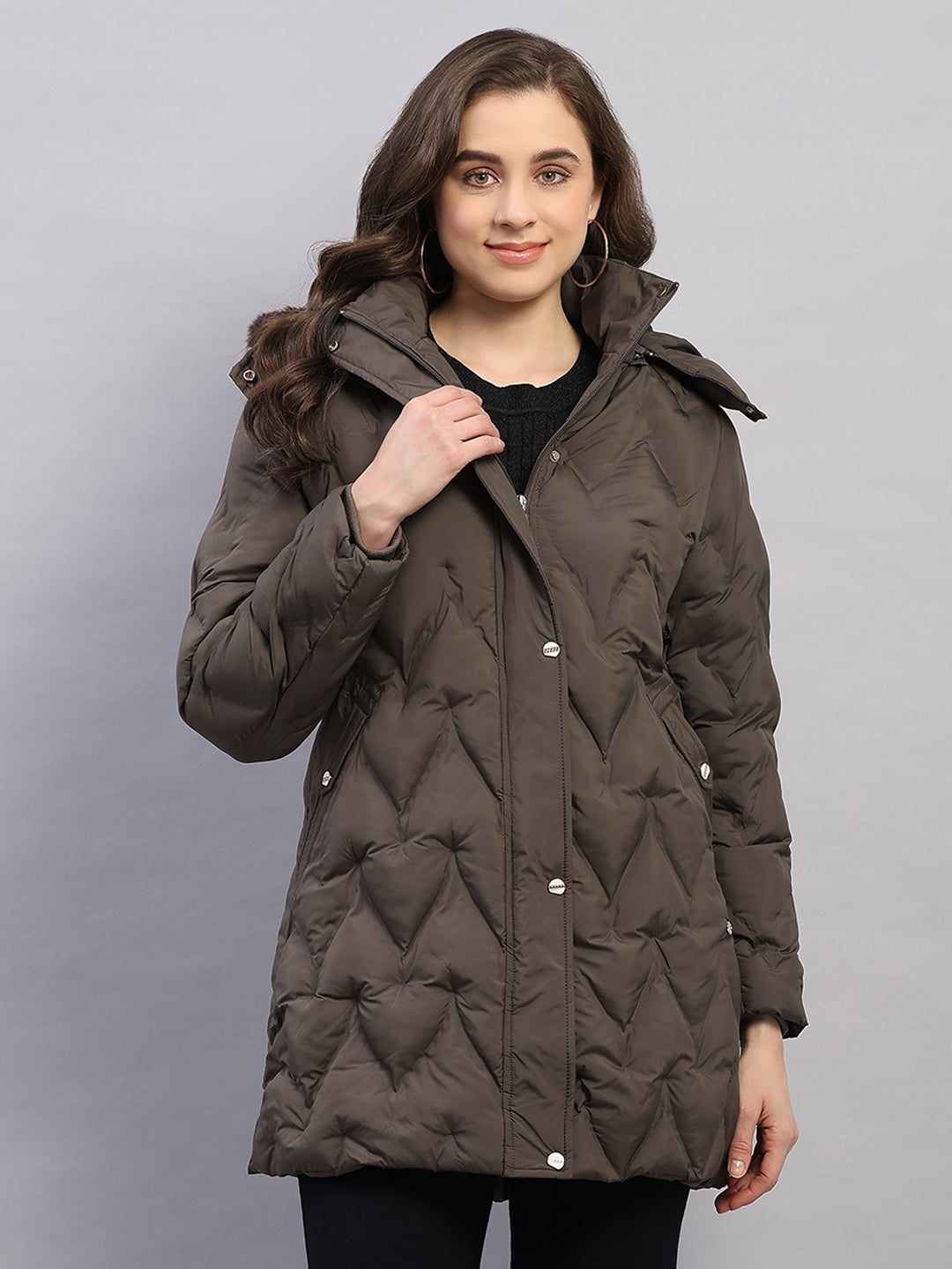 Women Olive Solid Hooded Full Sleeve Jacket