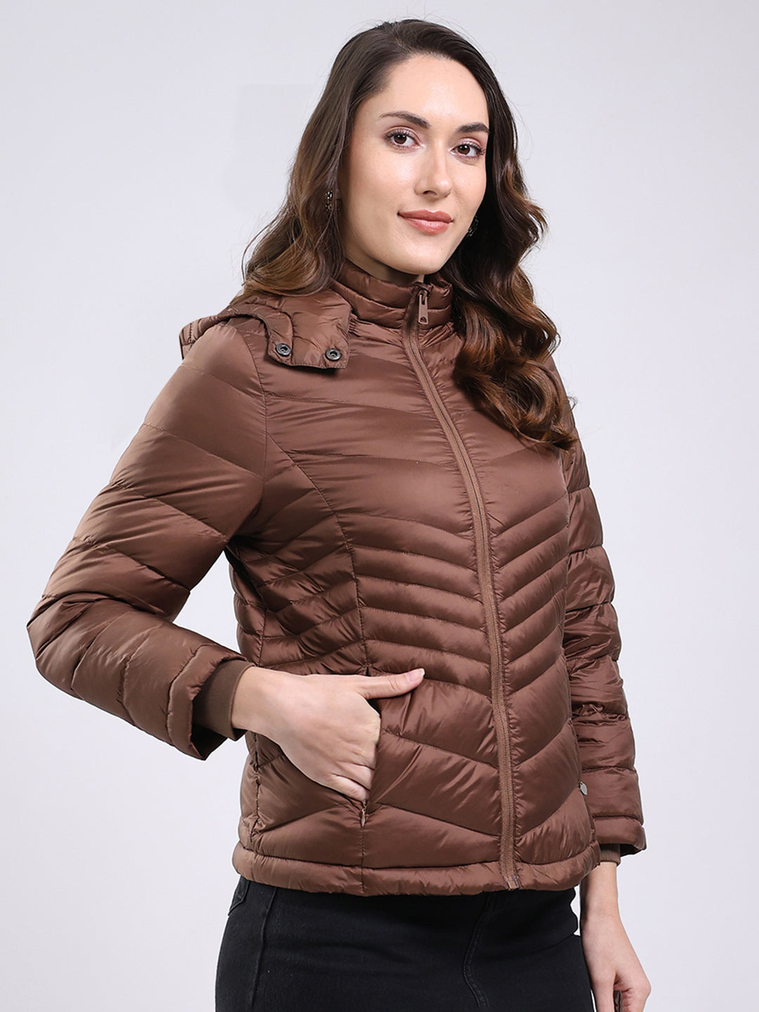 Women Brown Solid Hooded Full Sleeve Jacket