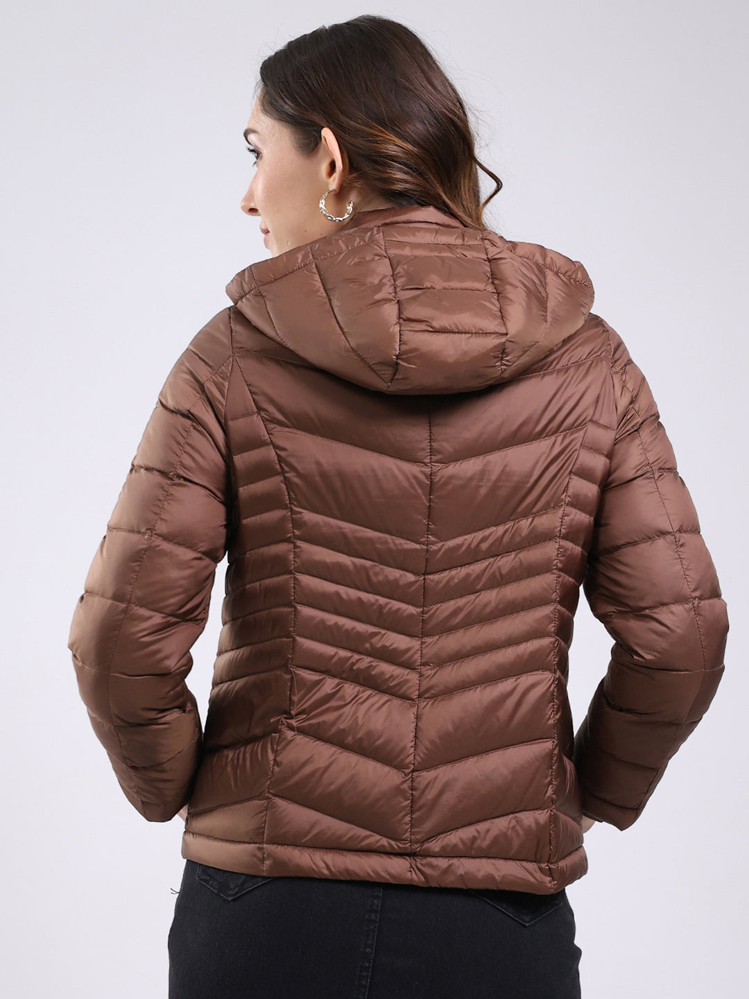 Women Brown Solid Hooded Full Sleeve Jacket