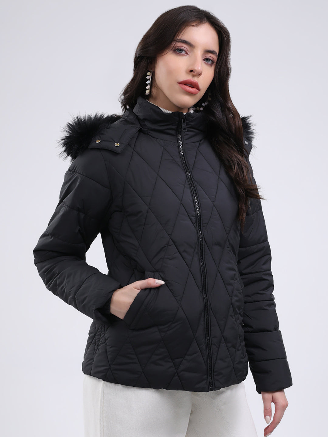 Women Black Solid Hooded USB Intelligent Heating Jacket