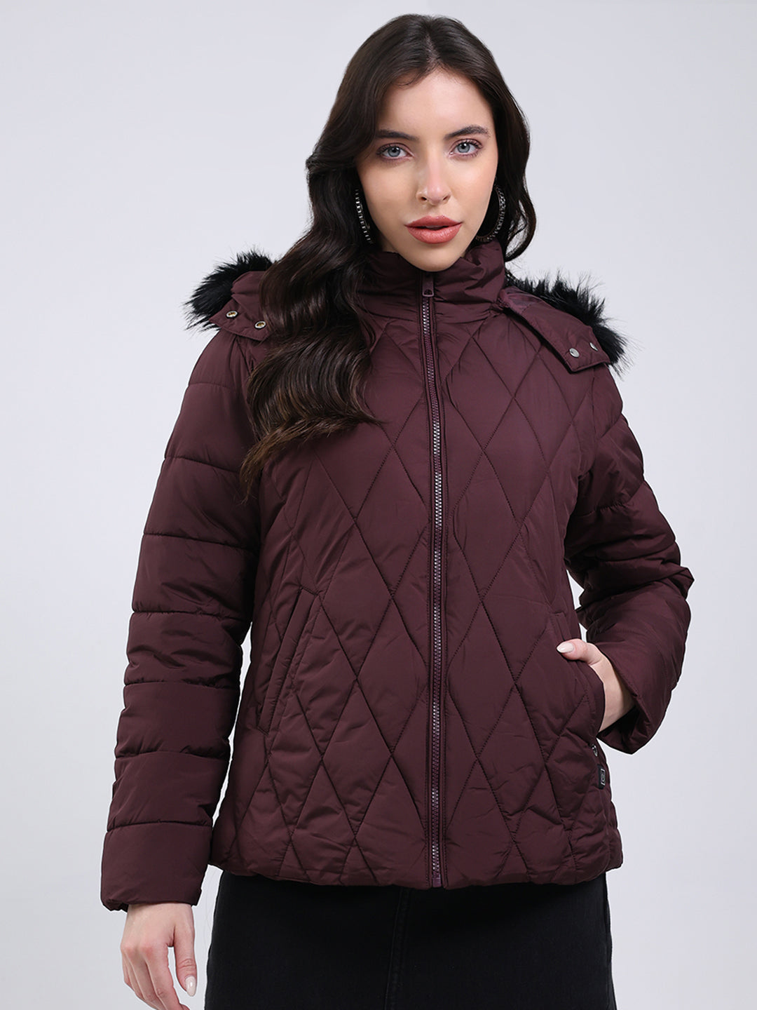 Women Burgundy Solid Hooded USB Intelligent Heating Jacket
