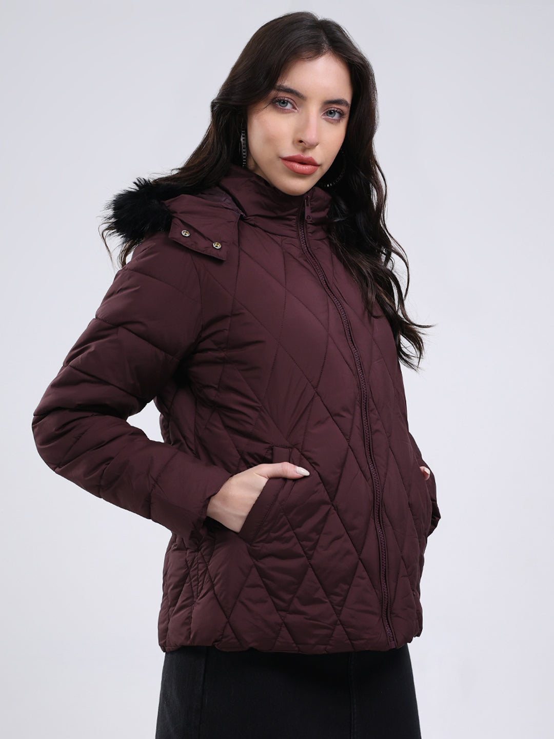 Women Burgundy Solid Hooded USB Intelligent Heating Jacket