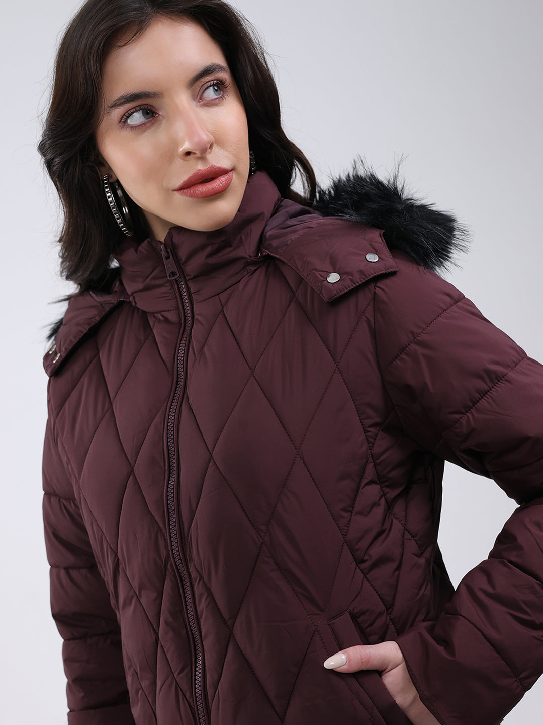 Women Burgundy Solid Hooded USB Intelligent Heating Jacket