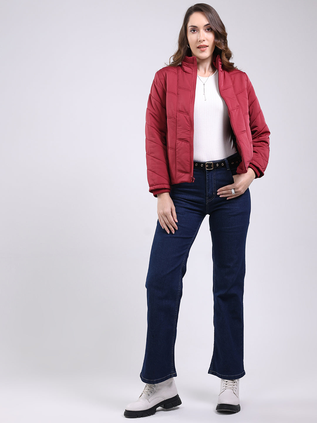 Women Maroon Solid Mock Neck Full Sleeve Jacket