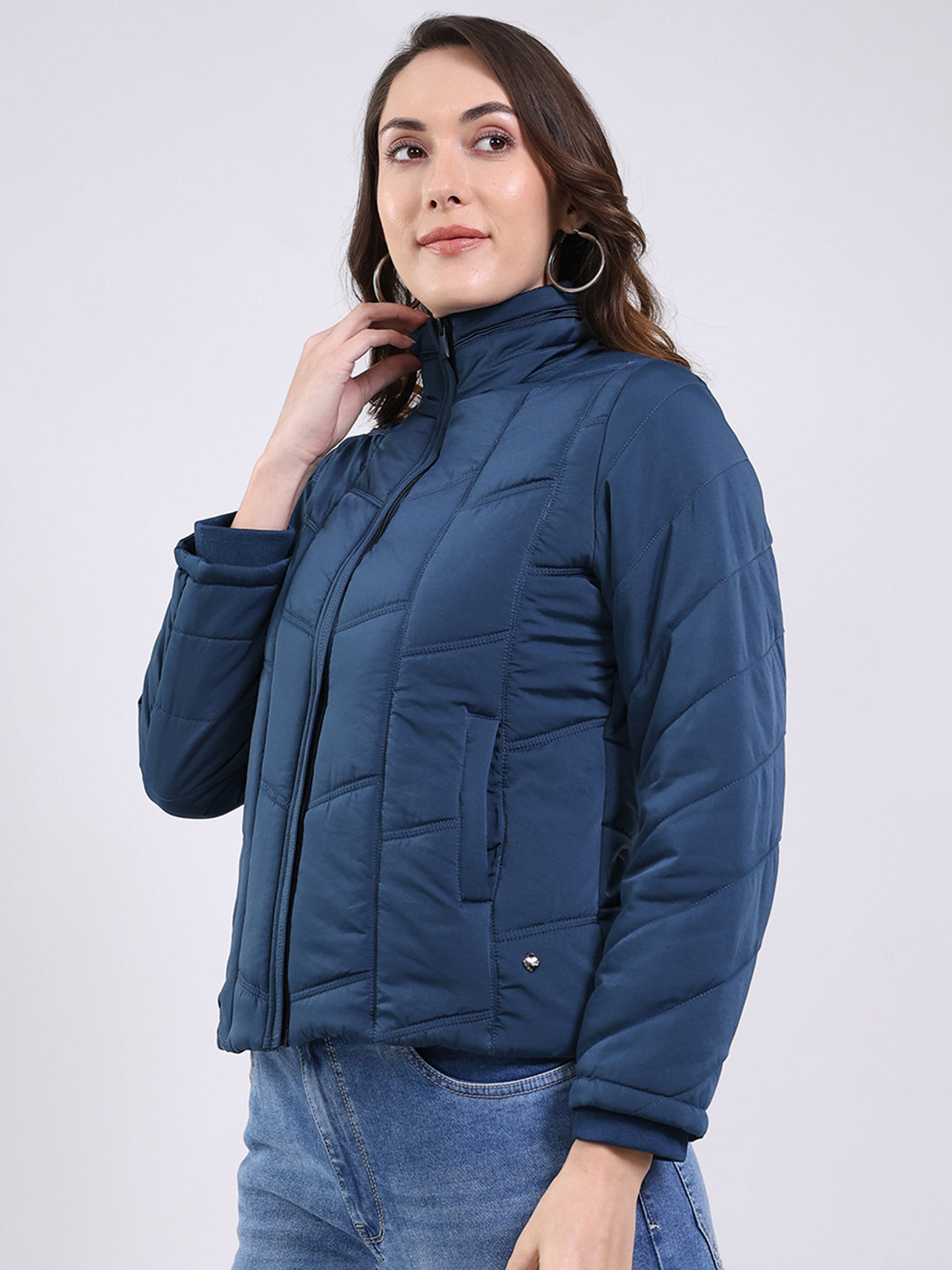 Women Teal Blue Solid Mock Neck Full Sleeve Jacket