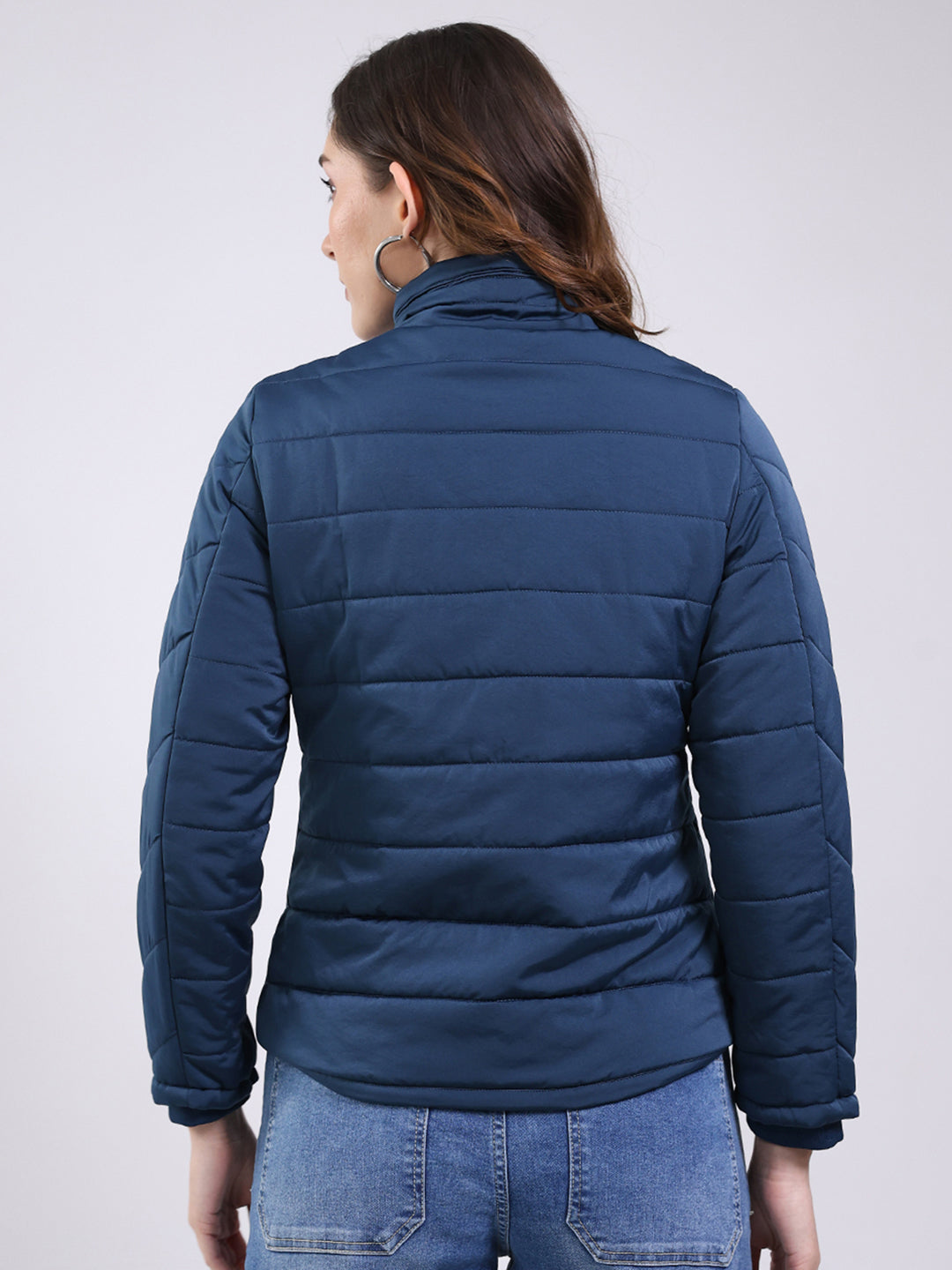 Women Teal Blue Solid Mock Neck Full Sleeve Jacket