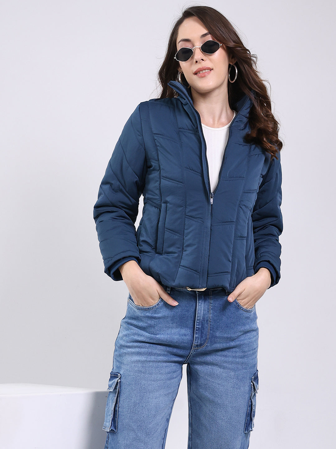 Women Teal Blue Solid Mock Neck Full Sleeve Jacket