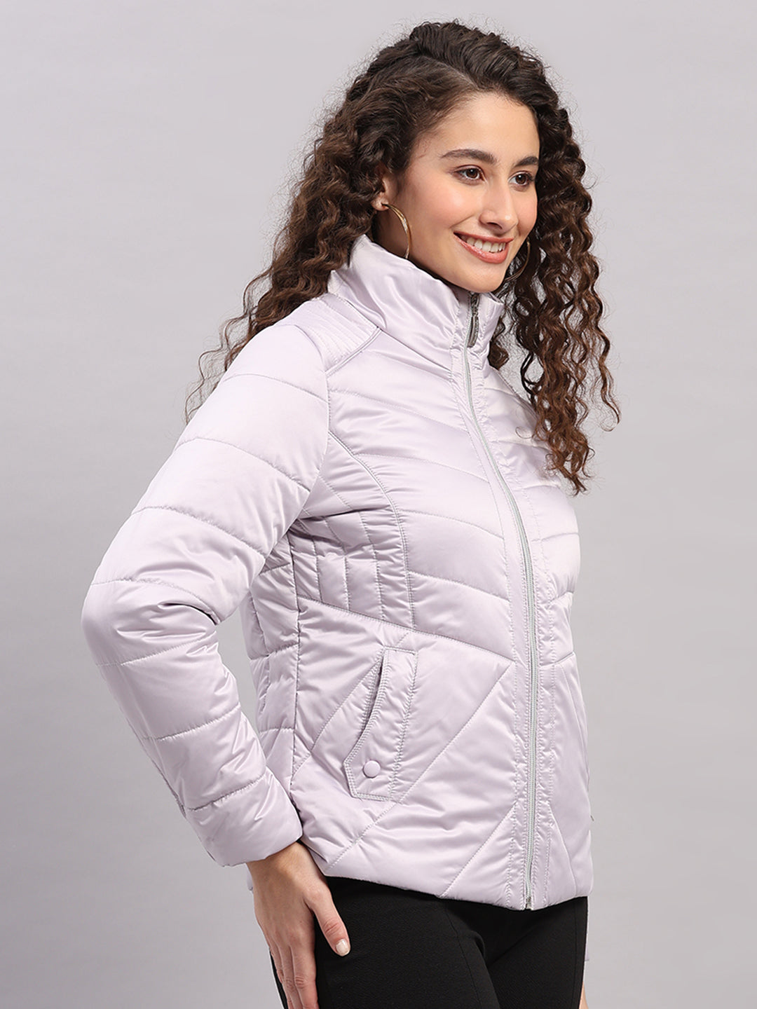 Women Purple Solid Collar Full Sleeve Jacket with Inbuilt Earphones