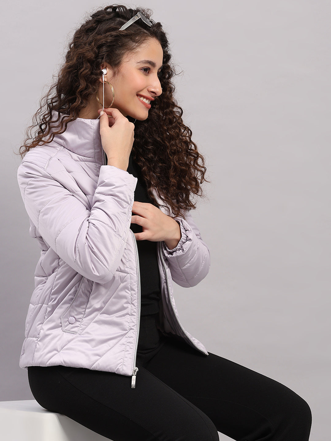 Women Purple Solid Collar Full Sleeve Jacket with Inbuilt Earphones