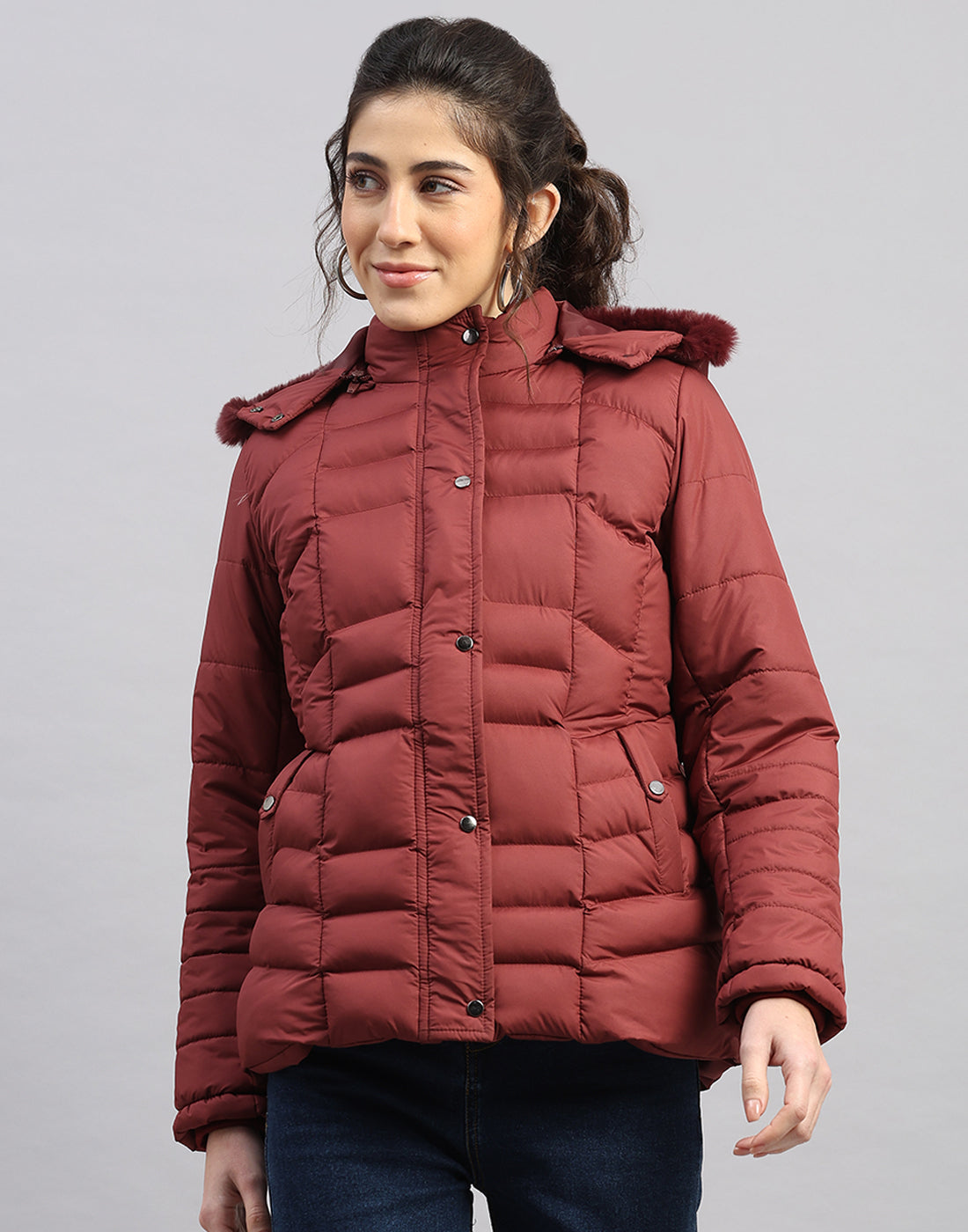 Women Maroon Solid Hooded Full Sleeve Jacket
