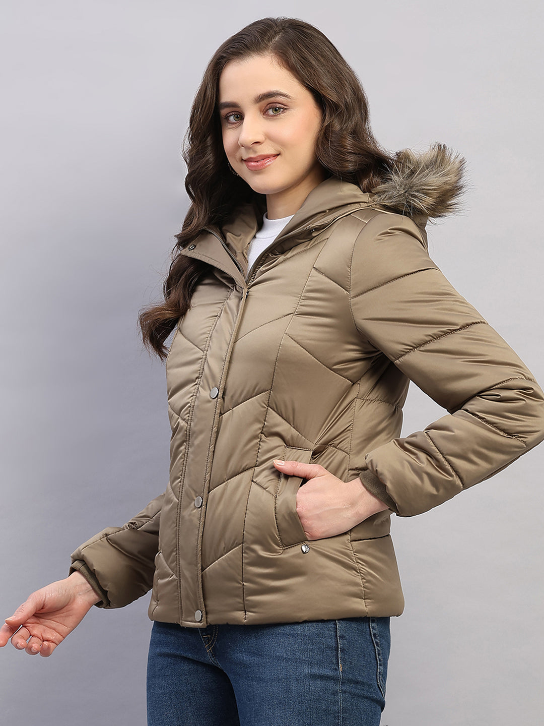 Women Olive Solid Hooded Full Sleeve Jacket