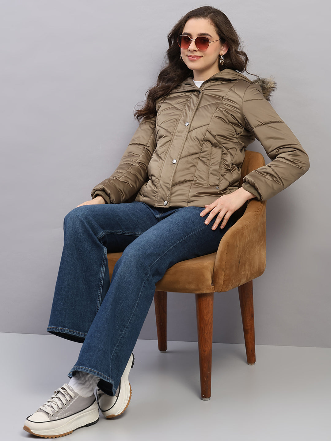 Women Olive Solid Hooded Full Sleeve Jacket