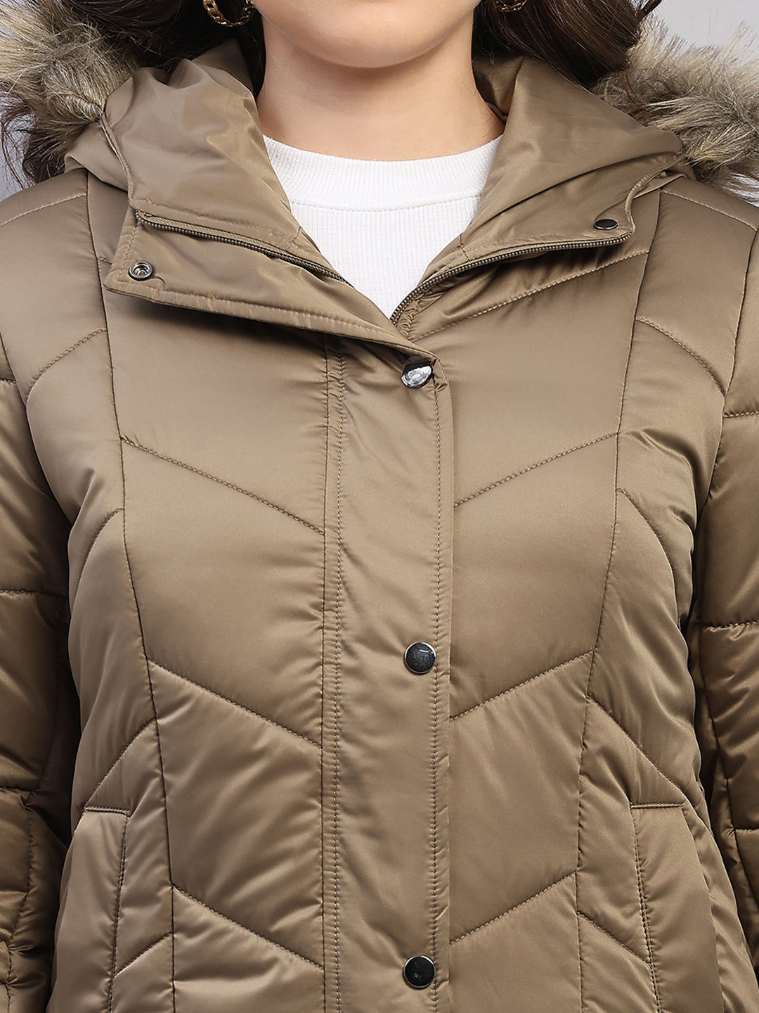 Women Olive Solid Hooded Full Sleeve Jacket