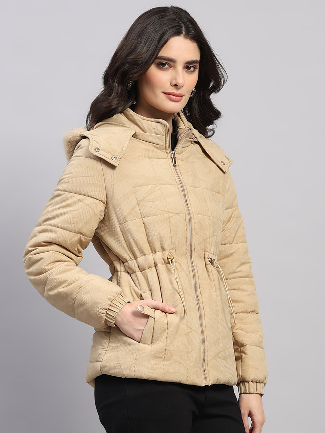 Women Beige Printed Hooded Full Sleeve Jacket (-10° Protection)