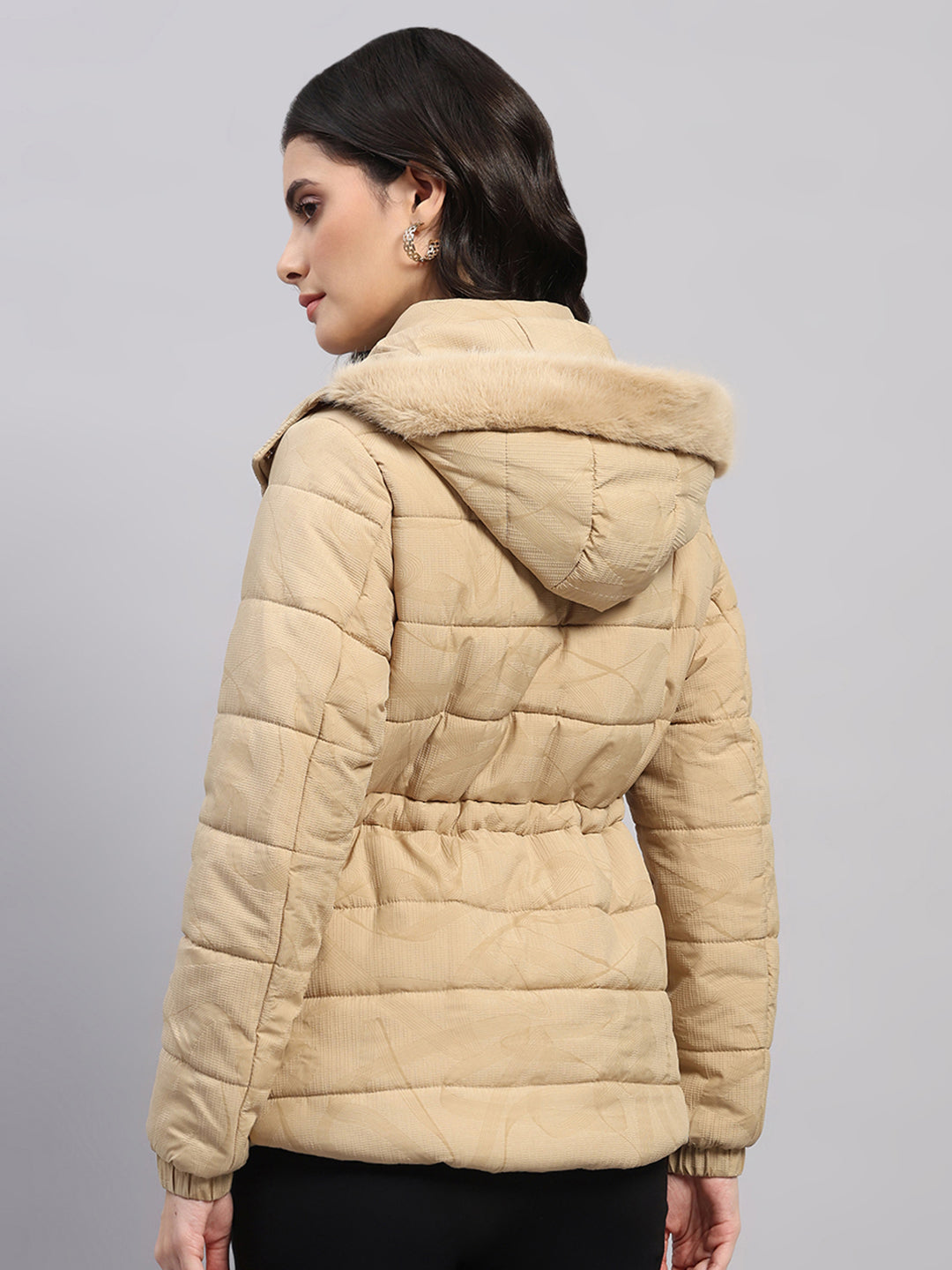 Women Beige Printed Hooded Full Sleeve Jacket (-10° Protection)