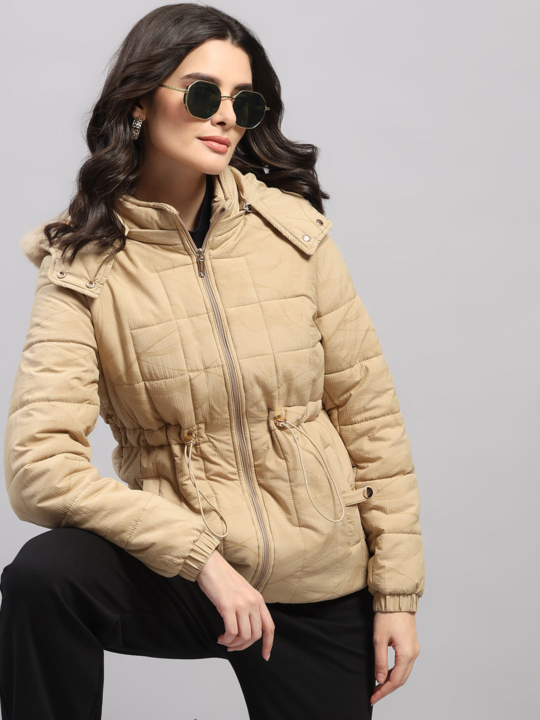 Women Beige Printed Hooded Full Sleeve Jacket (-10° Protection)
