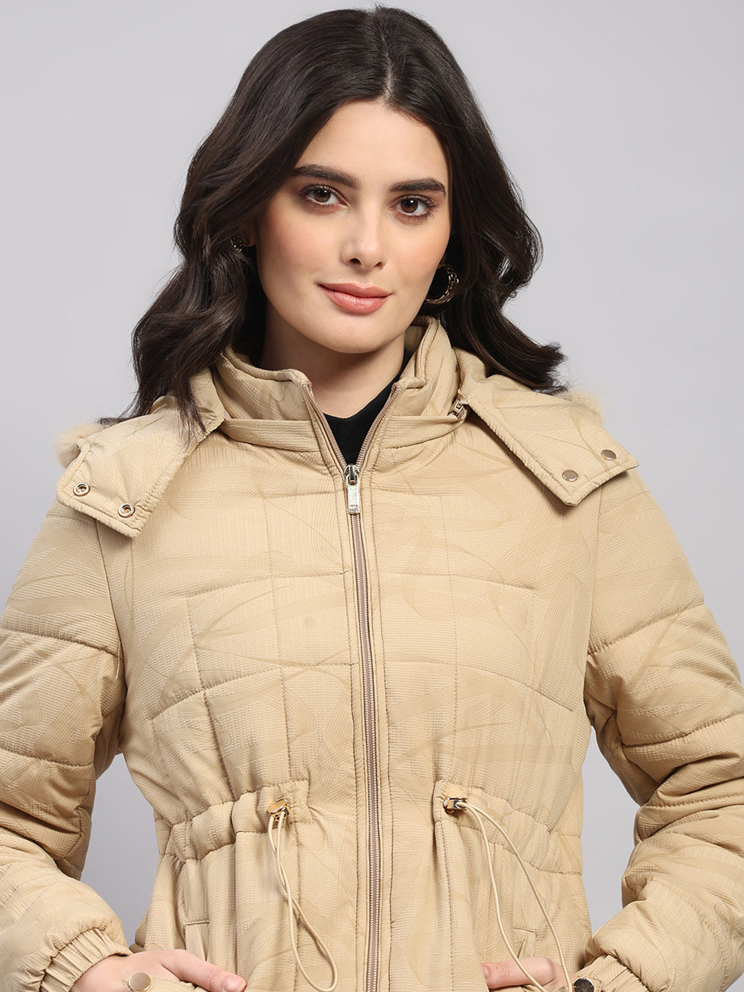 Women Beige Printed Hooded Full Sleeve Jacket (-10° Protection)