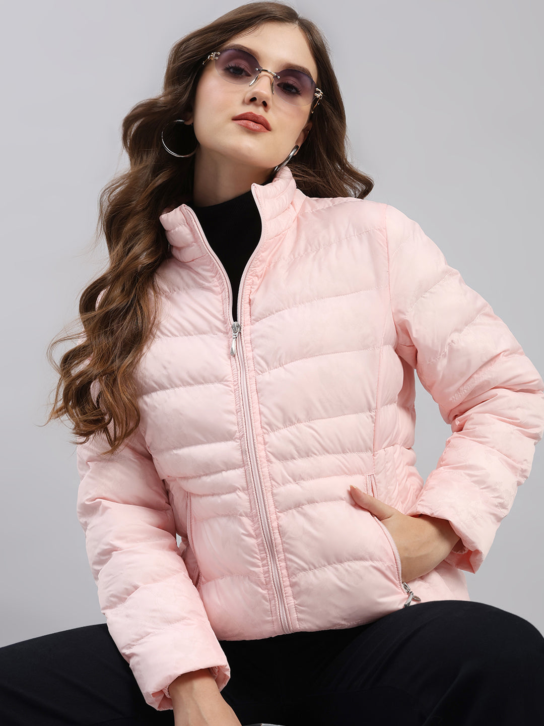 Women Pink Printed Collar Full Sleeve Jacket