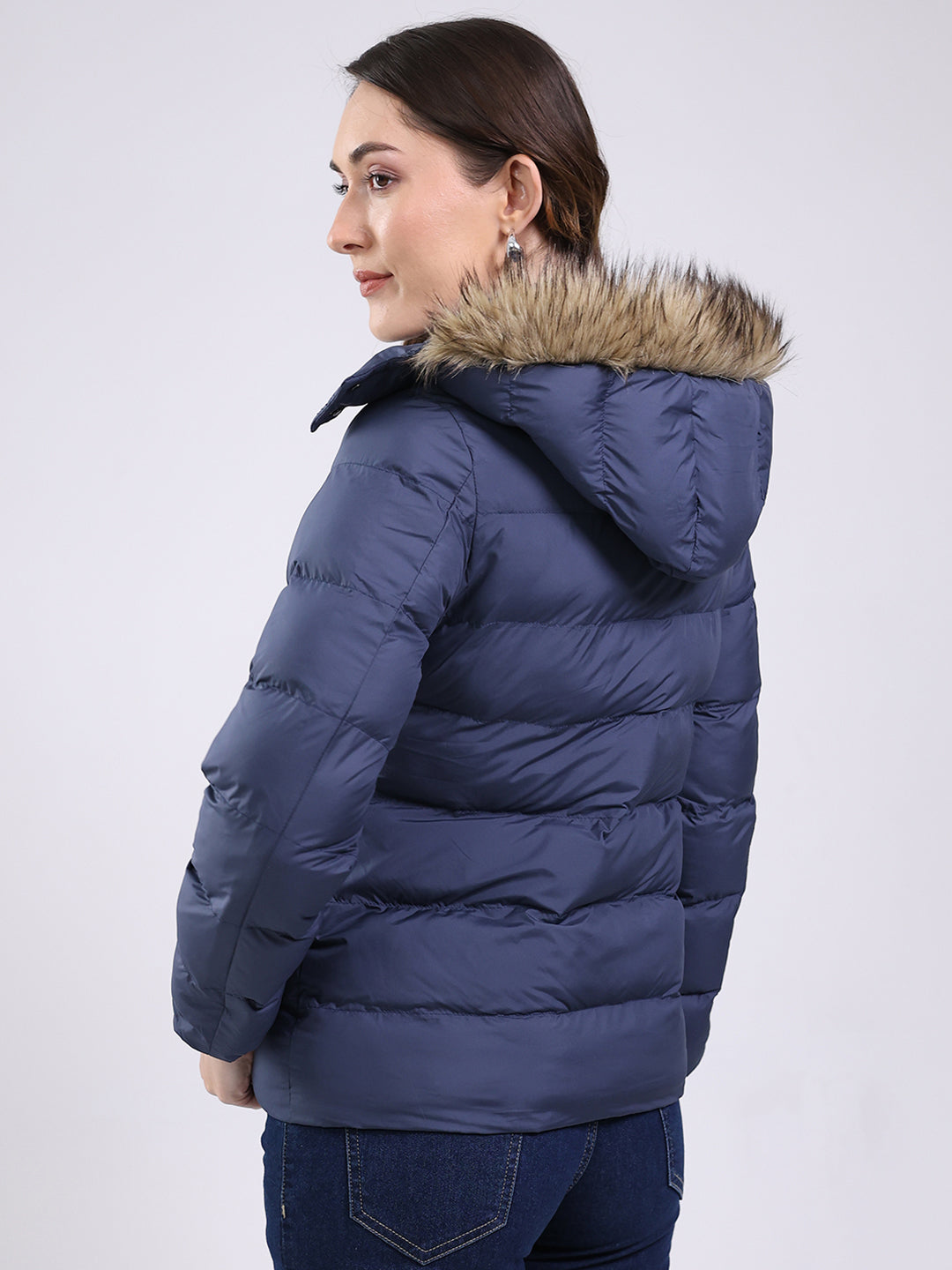 Women Navy Blue Solid Hooded Full Sleeve Jacket
