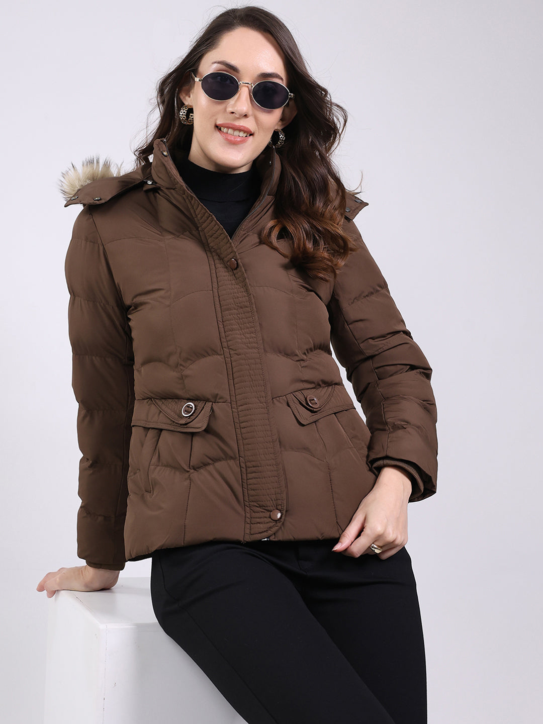 Women Brown Solid Hooded Full Sleeve Jacket