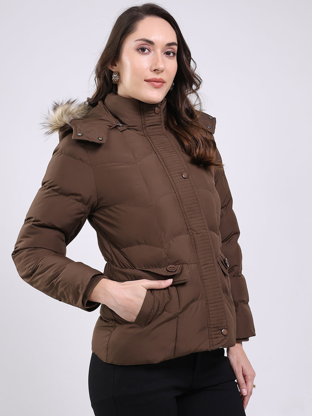 Women Brown Solid Hooded Full Sleeve Jacket