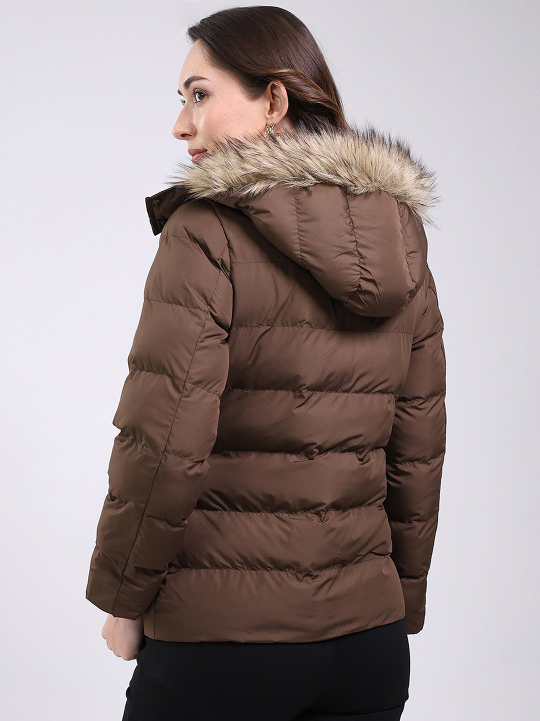 Women Brown Solid Hooded Full Sleeve Jacket