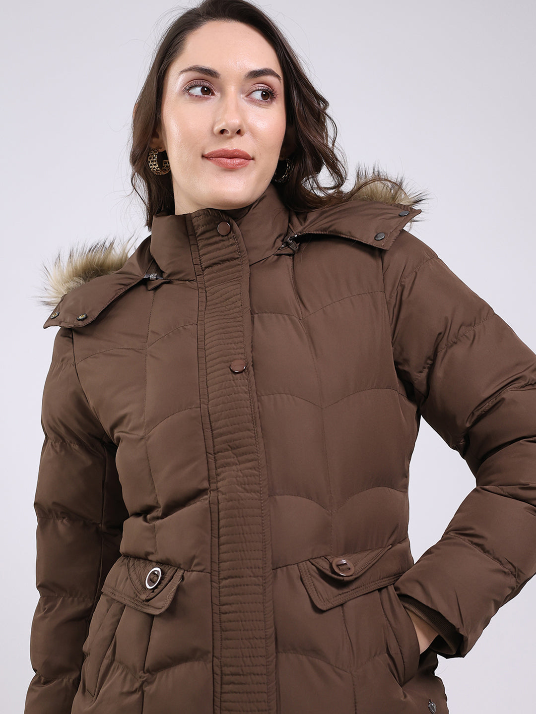 Women Brown Solid Hooded Full Sleeve Jacket