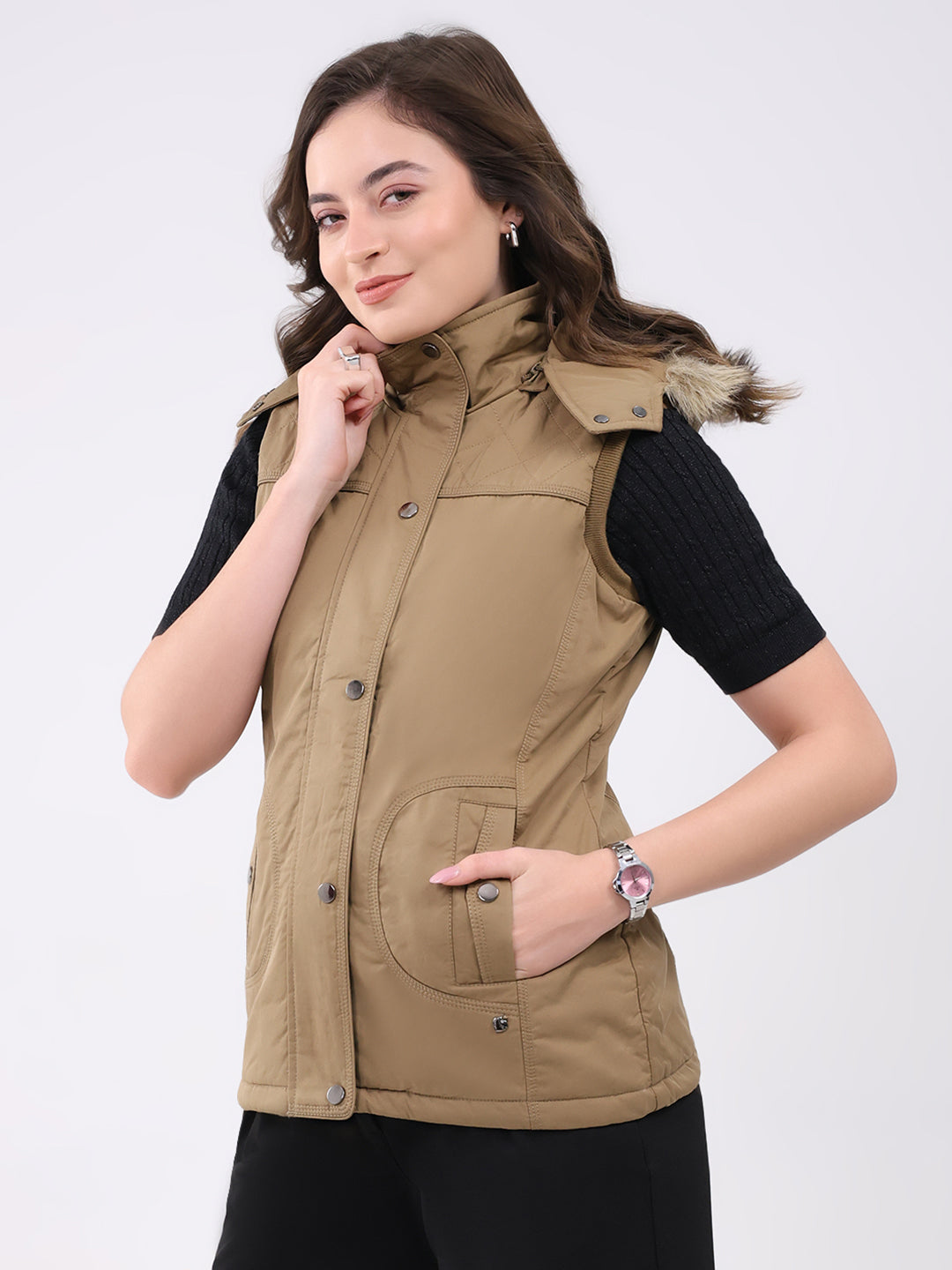 Women Khaki Solid Hooded Sleeveless Jacket